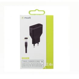 MUVIT TRAVEL CHARGER 2 USB PORTS 2.4A + CABLE TYPE C black
