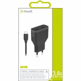 MUVIT TRAVEL CHARGER 2 USB PORTS 3.4A + CABLE TYPE C black