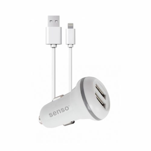 SENSO FAST CAR CHARGER 2.4A 2 PORTS + DATA CABLE LIGHTNING white
