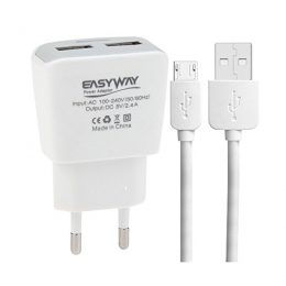 EASYWAY TRAVEL CHARGER 2 USB PORTS 2.4A + DATA CABLE MICRO USB white
