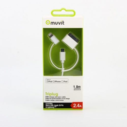 MUVIT DATA CABLE 3 in 1 MICRO USB + LIGHTNING +30 PIN 2.4A 1M white