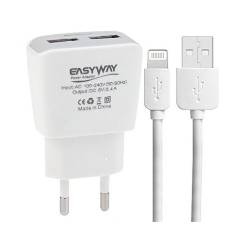 EASYWAY TRAVEL CHARGER 2 USB PORTS 2.4A + DATA CABLE TYPE C white